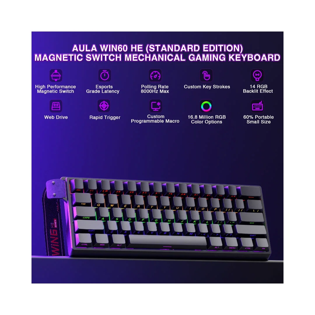 Aula WIN60 HE - 60% Mechanical Gaming Keyboard Wired, Magnetic Switch Hot Swappable, Adjustable Actuation Rapid Trigger Mode, 8000 Hz Polling Rate, RGB Small Keyboard 60 Percent Compact Design for PC